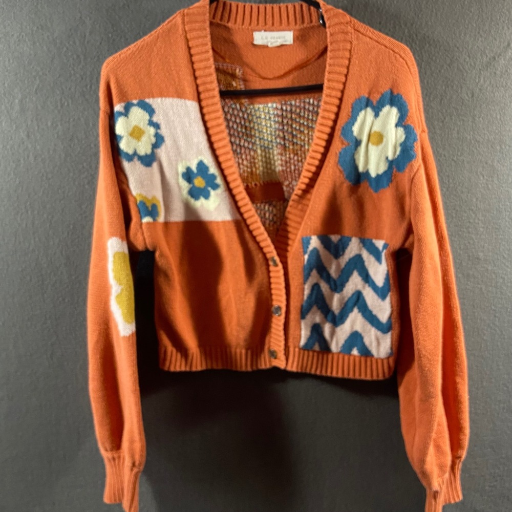 patchwork floral Cardigan novelty retro cottagecore Cotton Cropped Orange boho